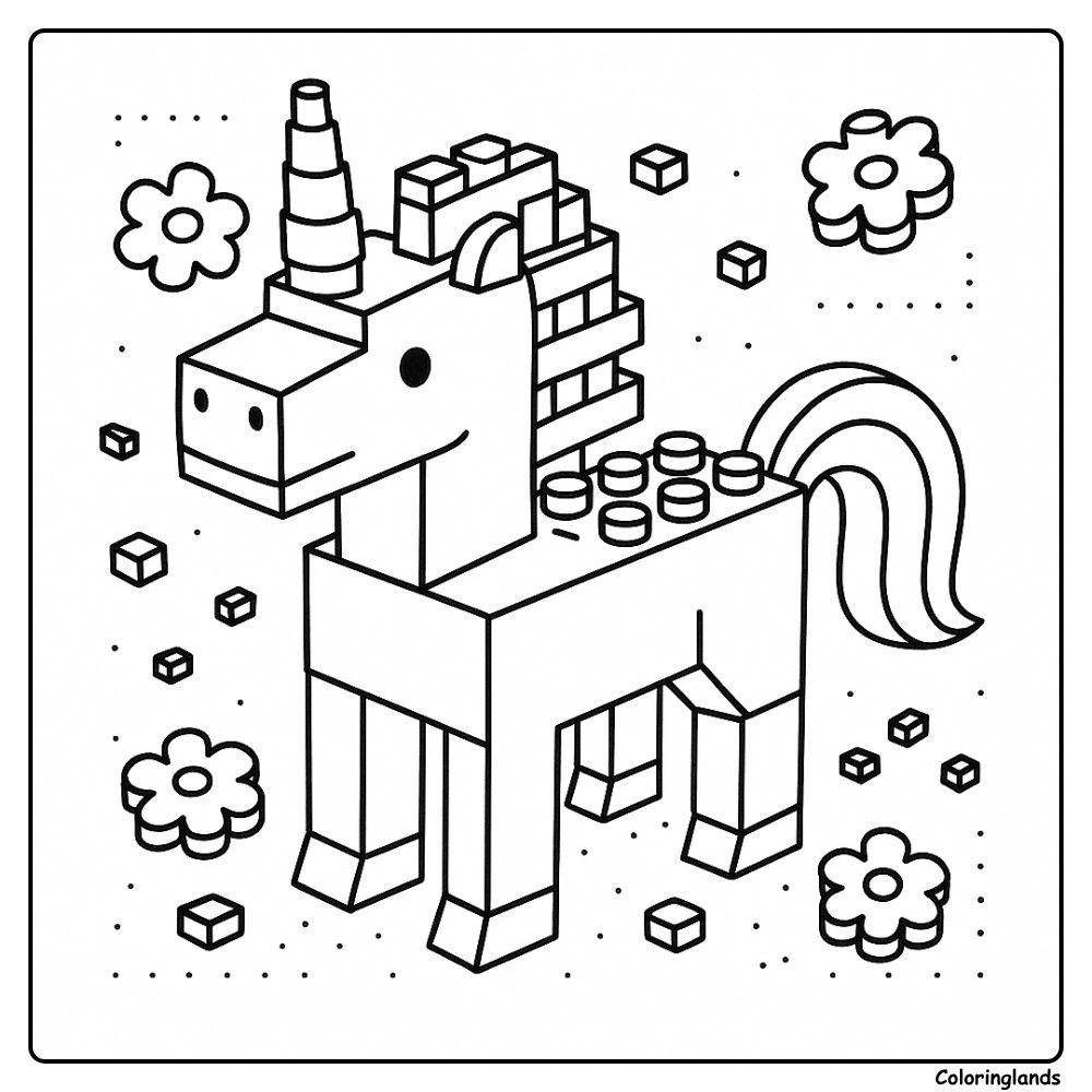 Block unicorn drawing with flowers and top studs