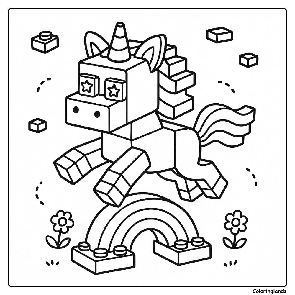 Brick unicorn mid leap with rainbow and flowers