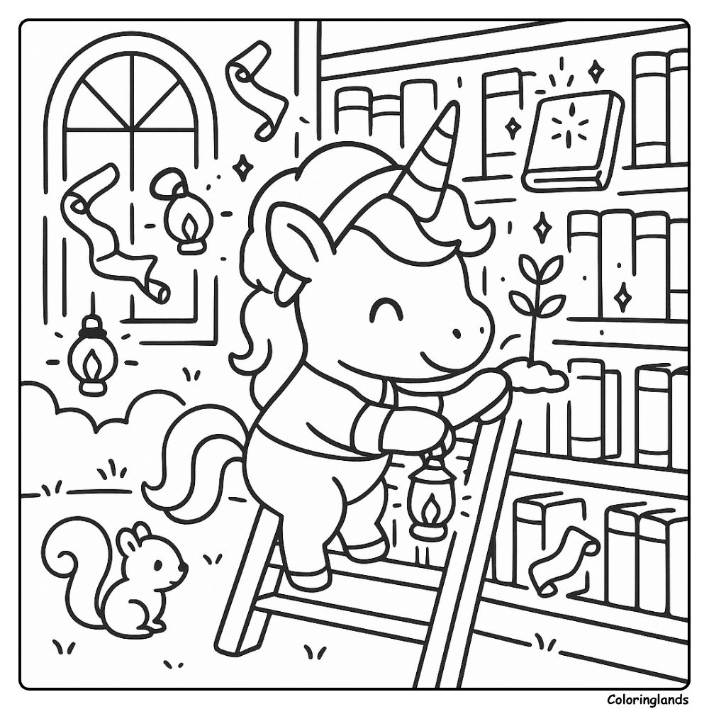 Magical library coloring sheet with books scrolls lanterns