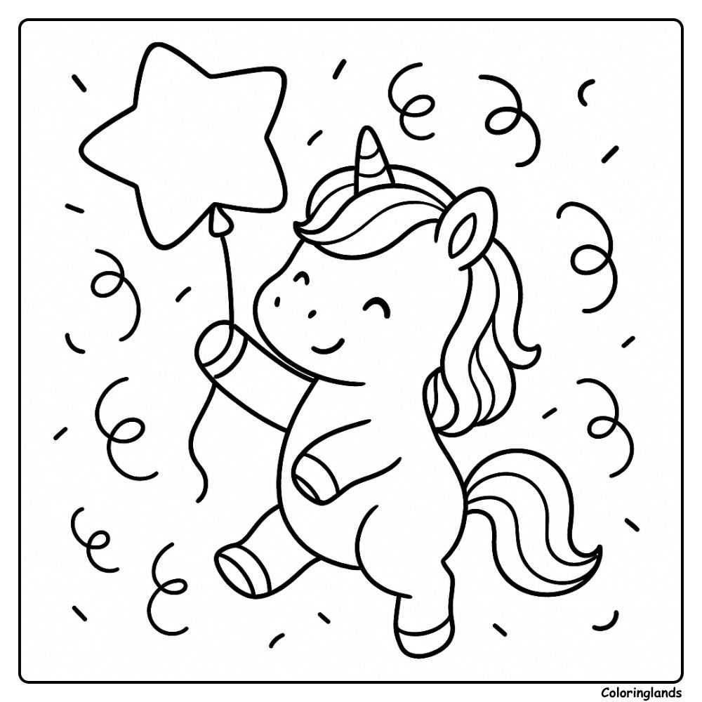 Baby unicorn coloring image sits among hearts and stars