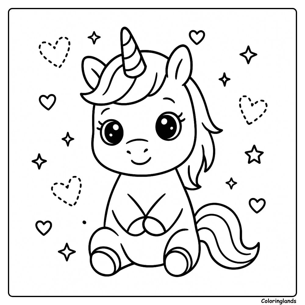 Little unicorn coloring picture peeks from a tall book pile