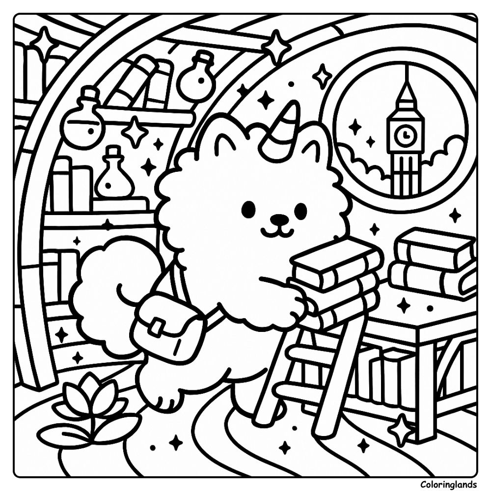 Fluffy unicorn pup with books in London printable picture