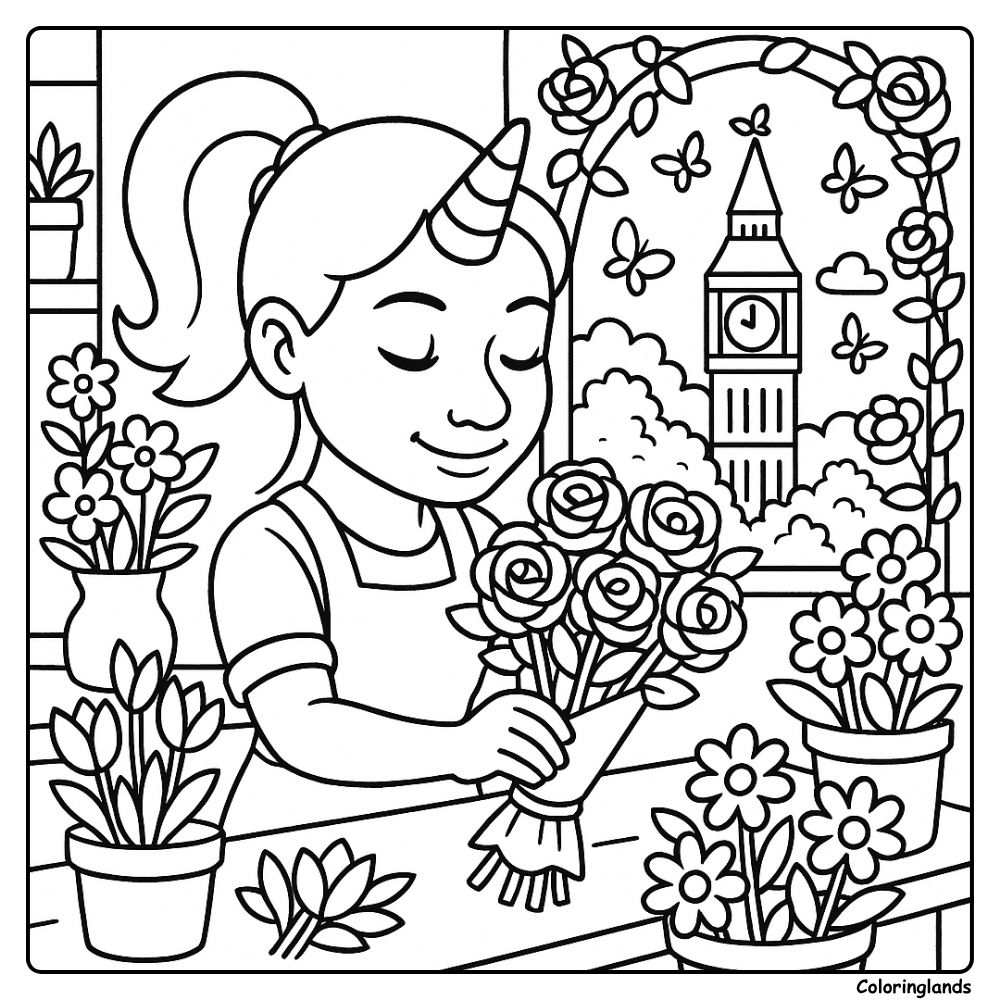 Unicorn florist arranges roses with the clock tower view