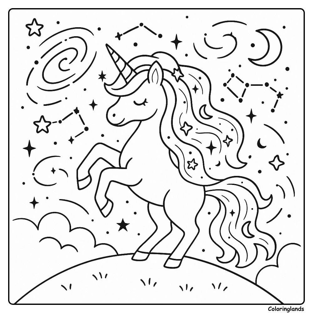 Beautiful unicorn coloring sheet with constellations