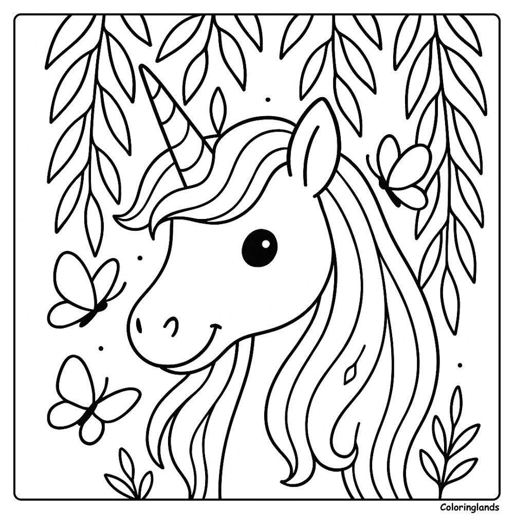 Unicorn face in nature scene with butterflies to color