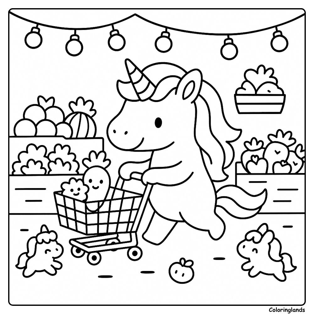 Grocery scene coloring sheet with unicorn and tiny friends