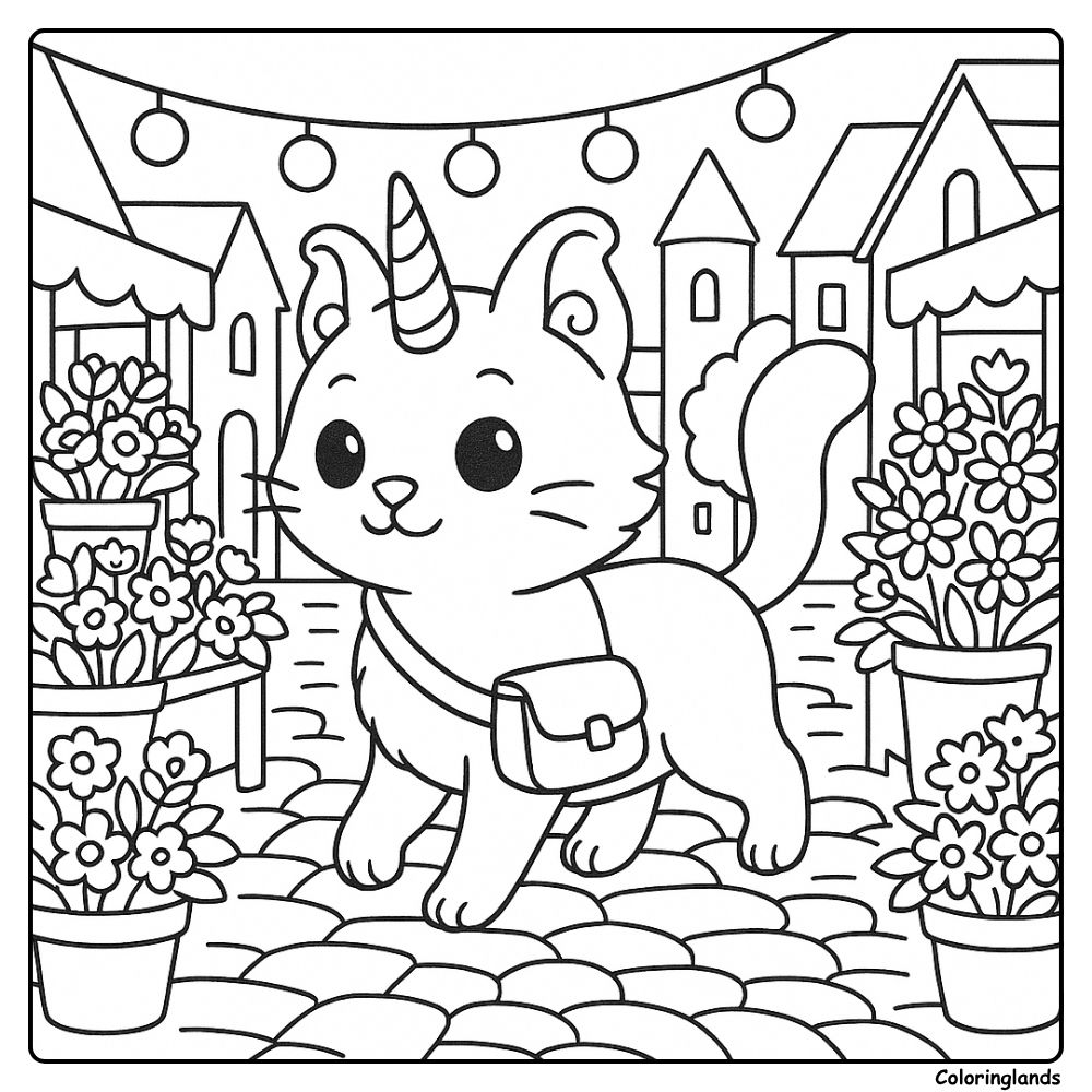 Caticorn with satchel explores a lantern lit market street