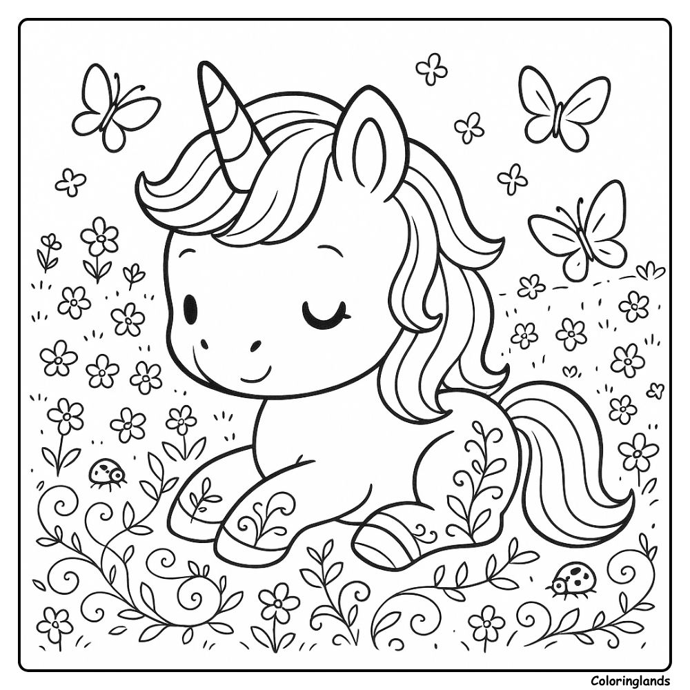 Baby unicorn resting in a flower field with soft butterflies
