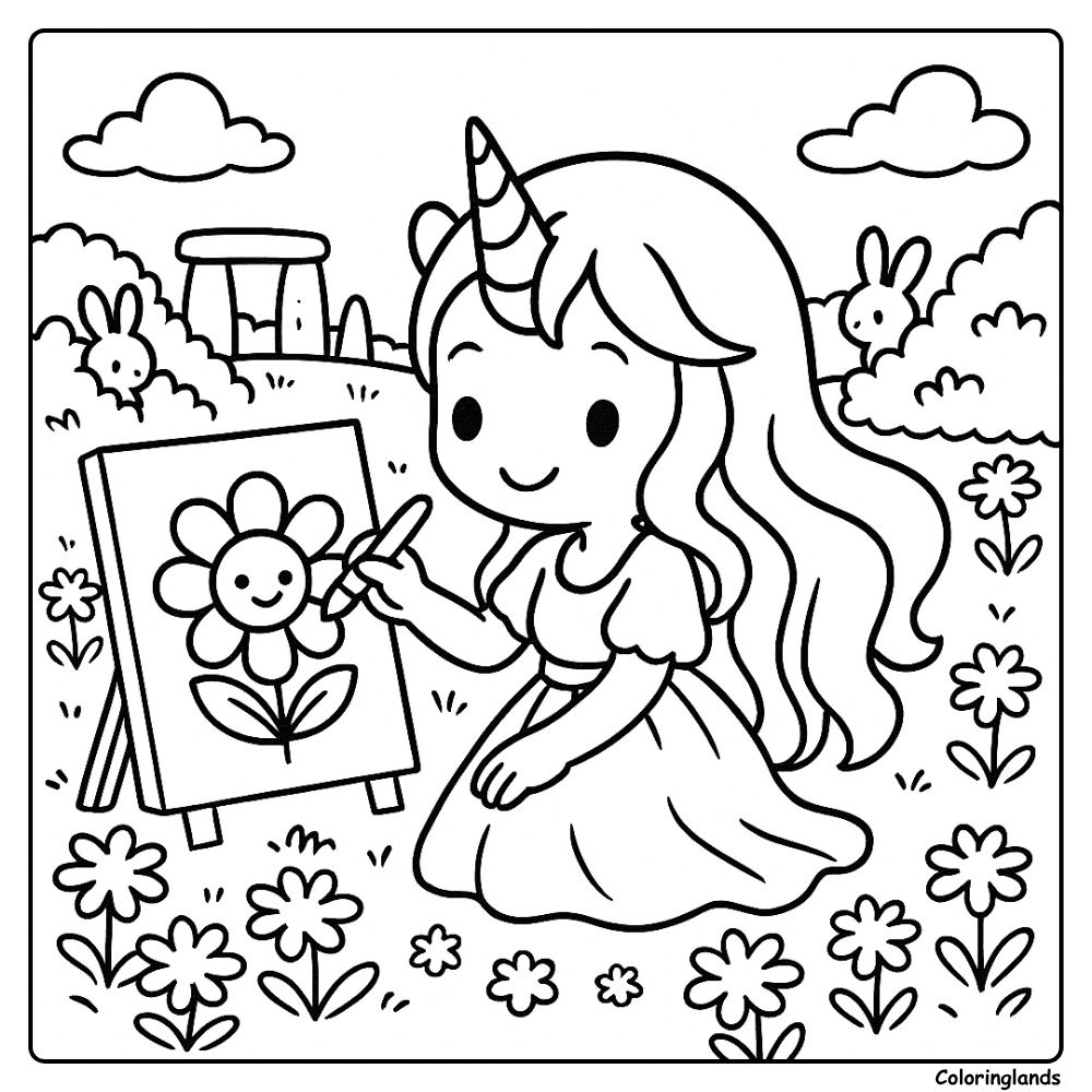 Unicorn painter works outside with standing stones behind