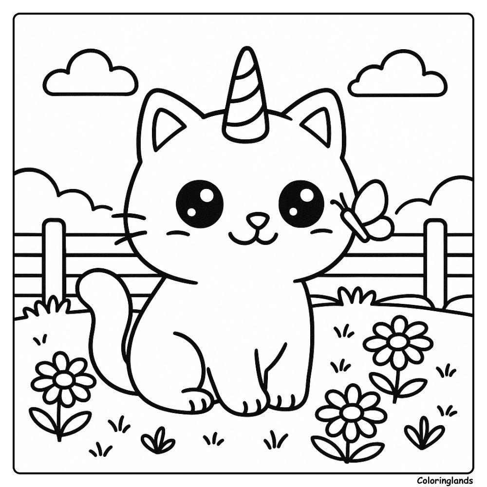 Cute caticorn sits by flowers while a small butterfly visits