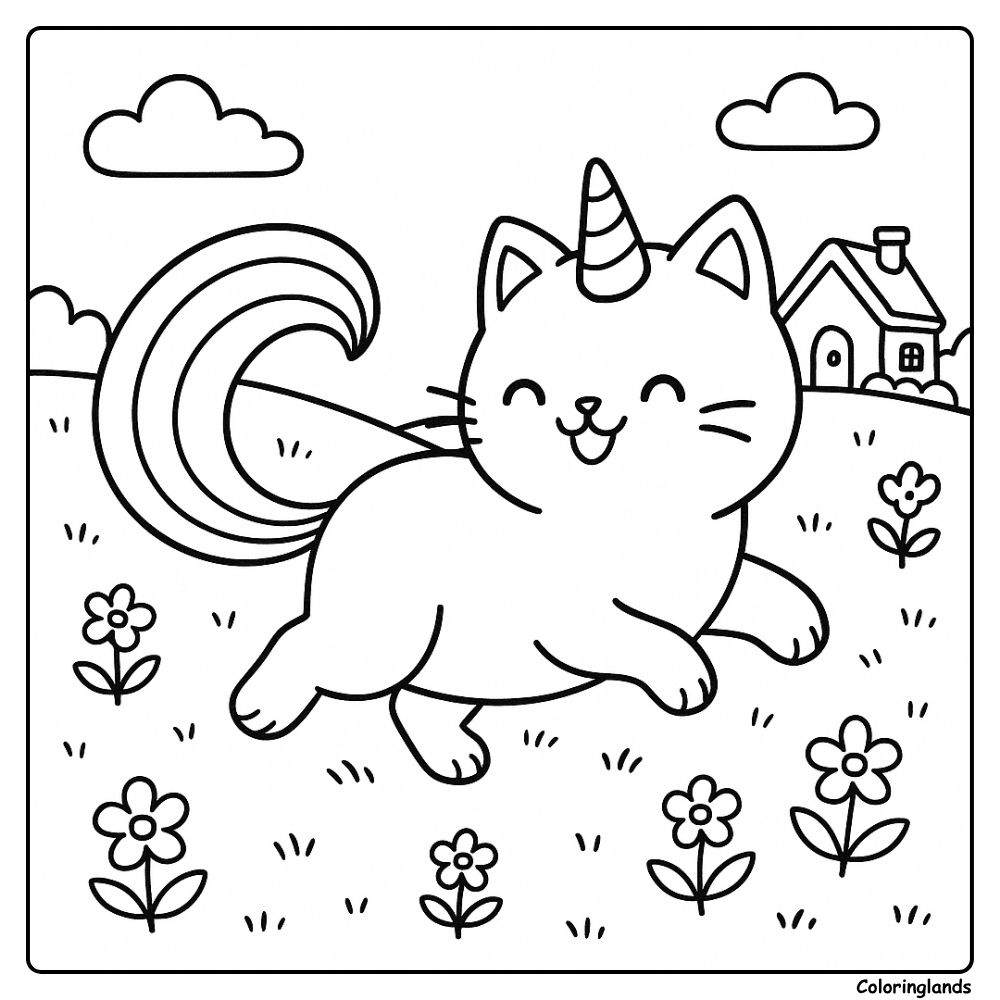 Coloring image caticorn runs through flowers and cottage view