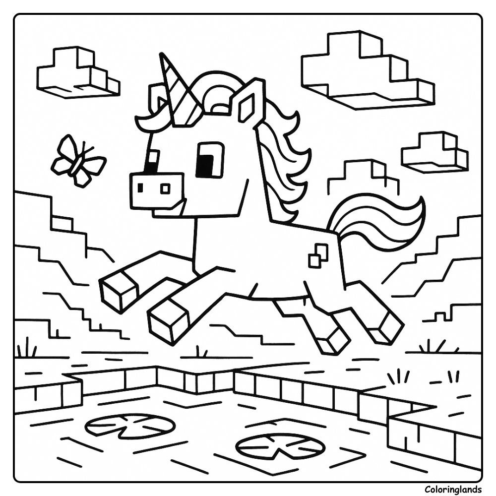 Pixel unicorn leaping by clouds and lily pads, coloring picture