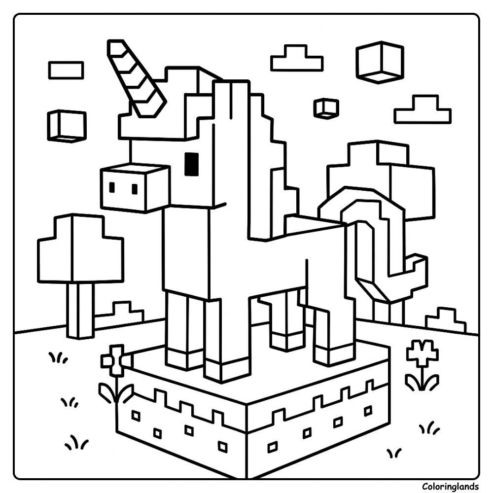 Pixel style unicorn on a floating base, printable coloring image
