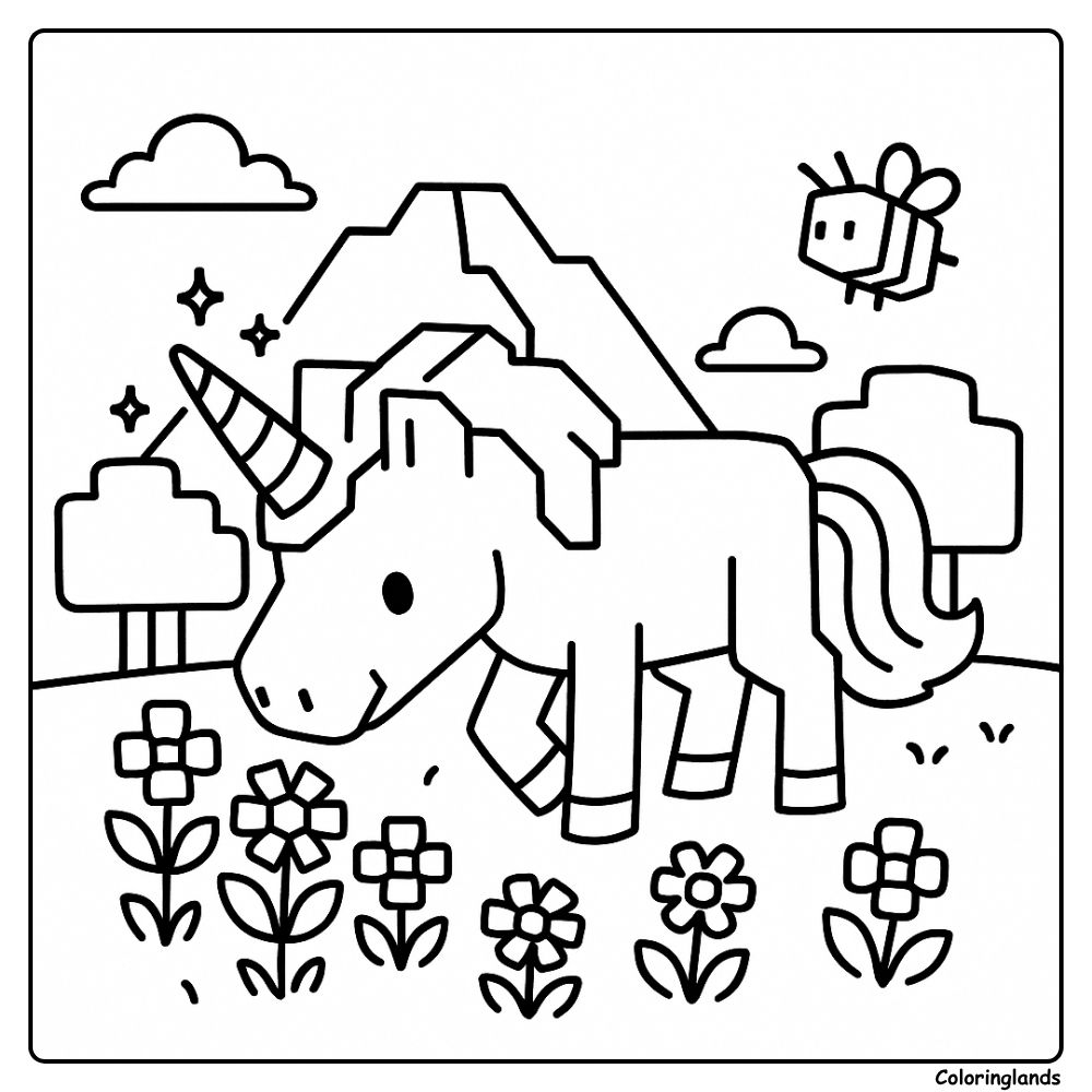 Block unicorn in a bright meadow below a mountain, line art