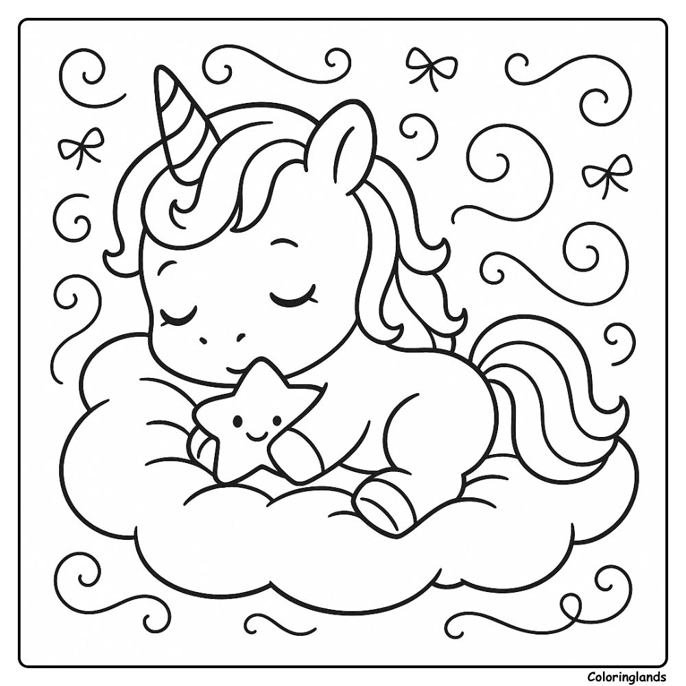 Sleeping mini unicorn cuddling a star pillow on a cloud