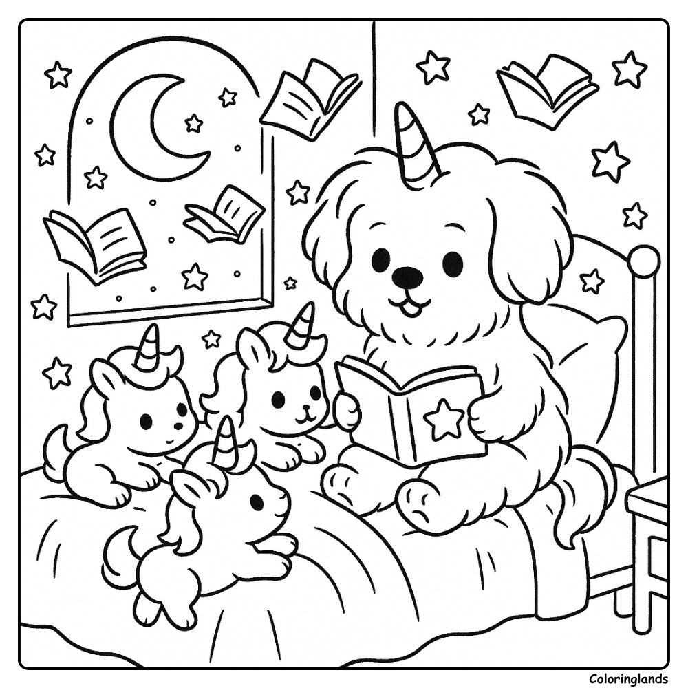 Cozy unicorn puppy reads to tiny friends at night