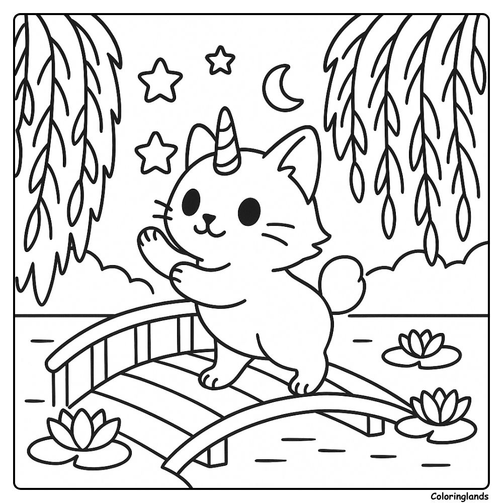 Printable line art caticorn on a bridge under moon and willow