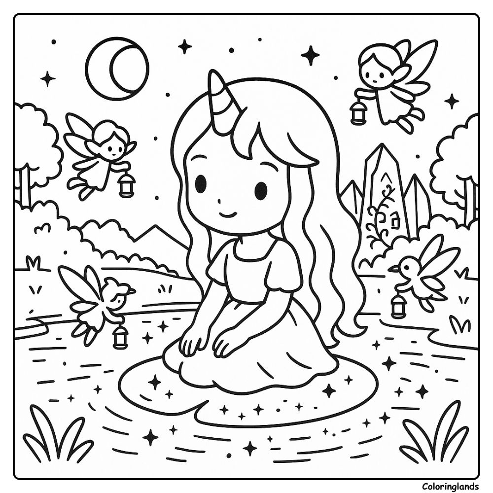 Unicorn girl sits by a pond as small fairies float by
