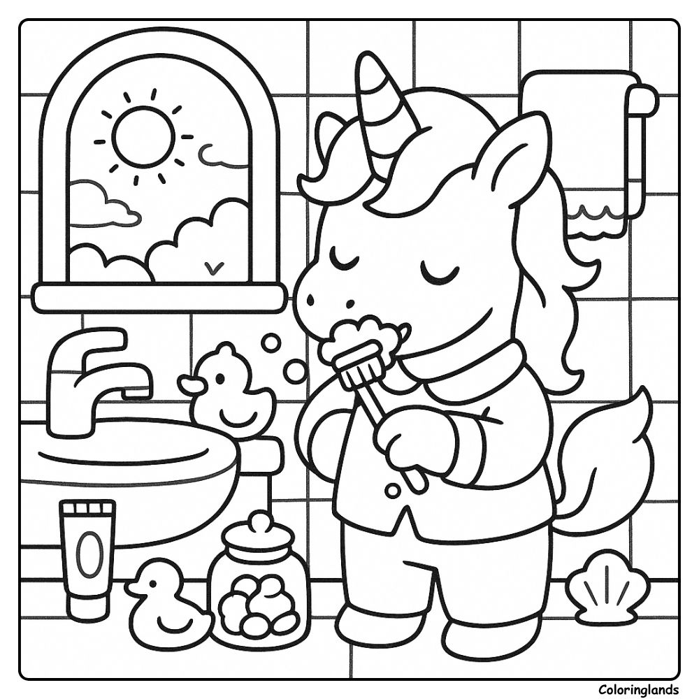 Bathroom coloring image with toothbrush ducks and sunshine