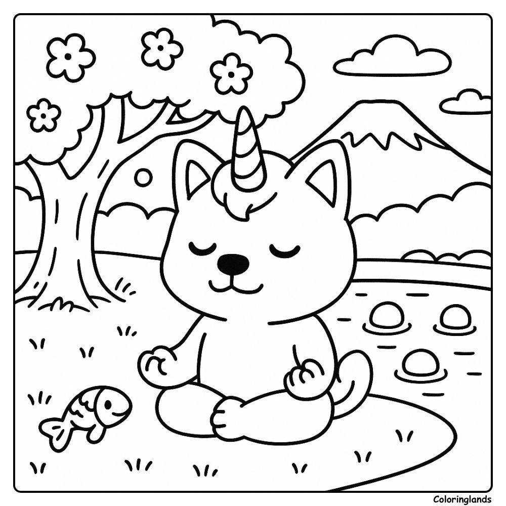 Calm unicorn puppy meditating by a lake line art