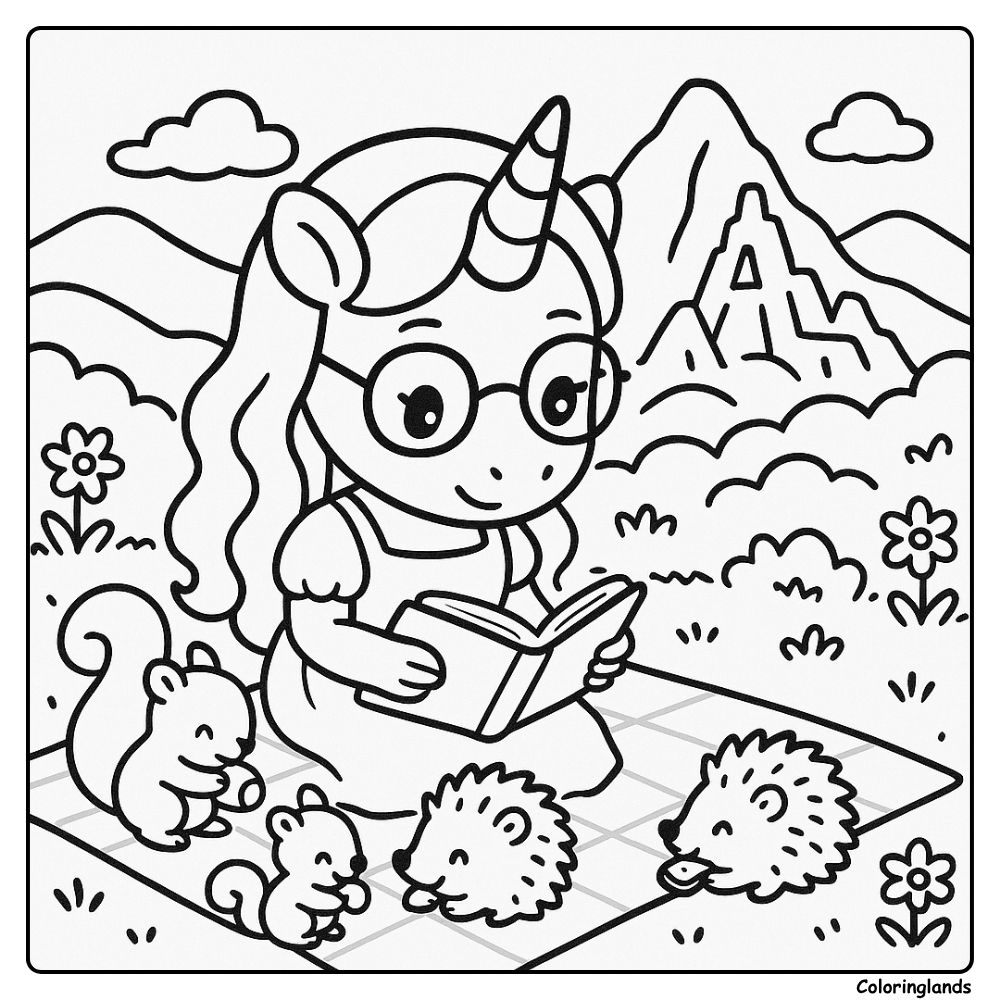Unicorn girl reads to hedgehogs and squirrels by peaks