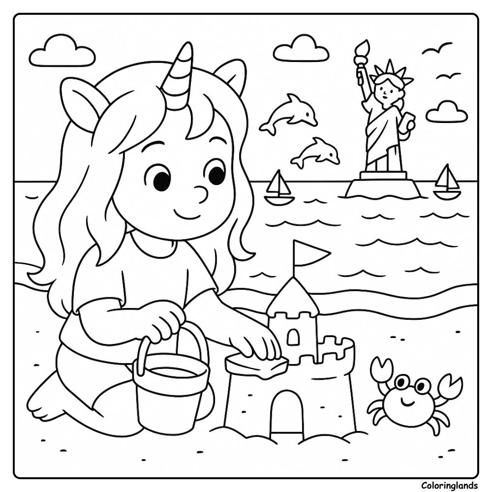 Unicorn girl builds a sandcastle with Liberty in view