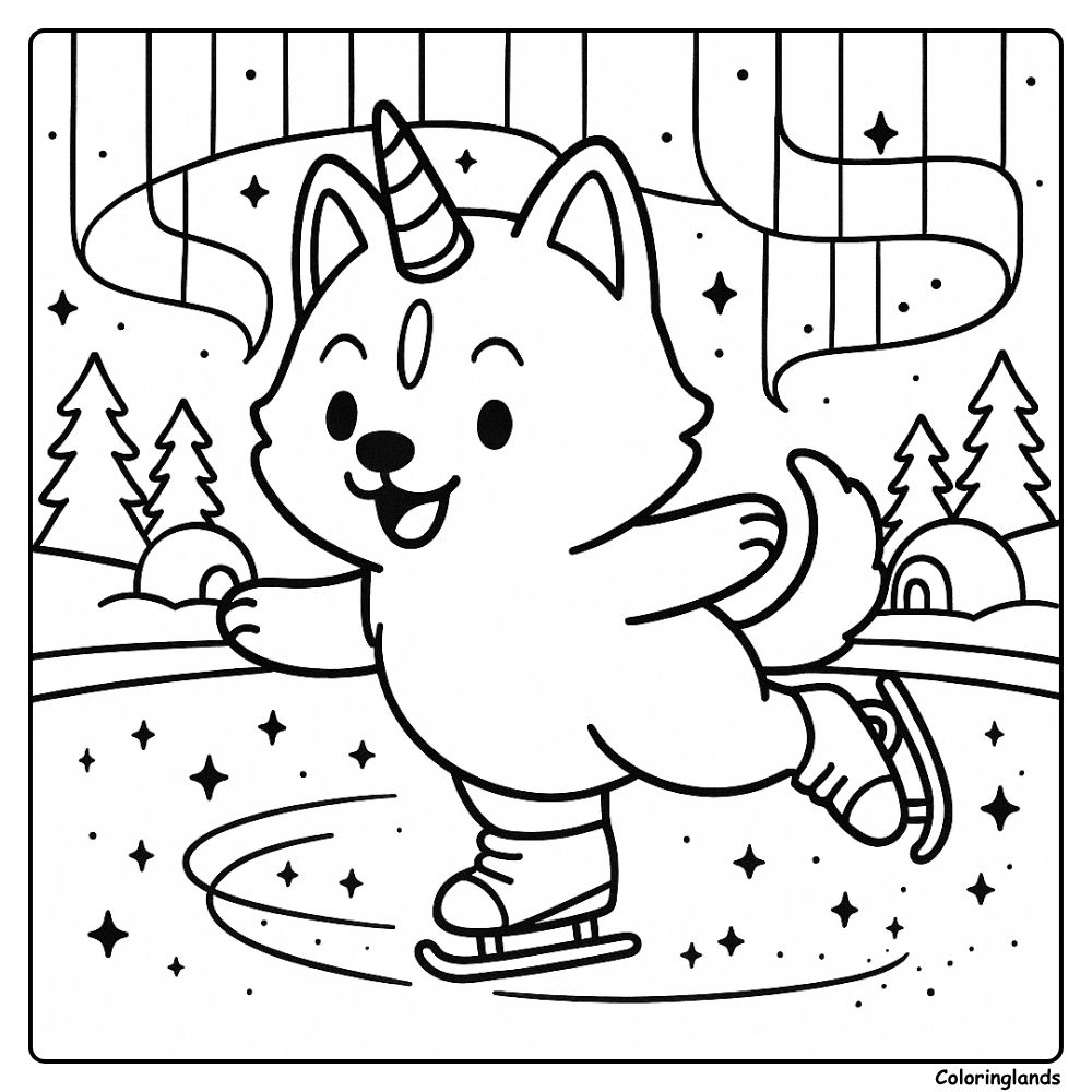 Ice skating horned puppy under aurora line art image