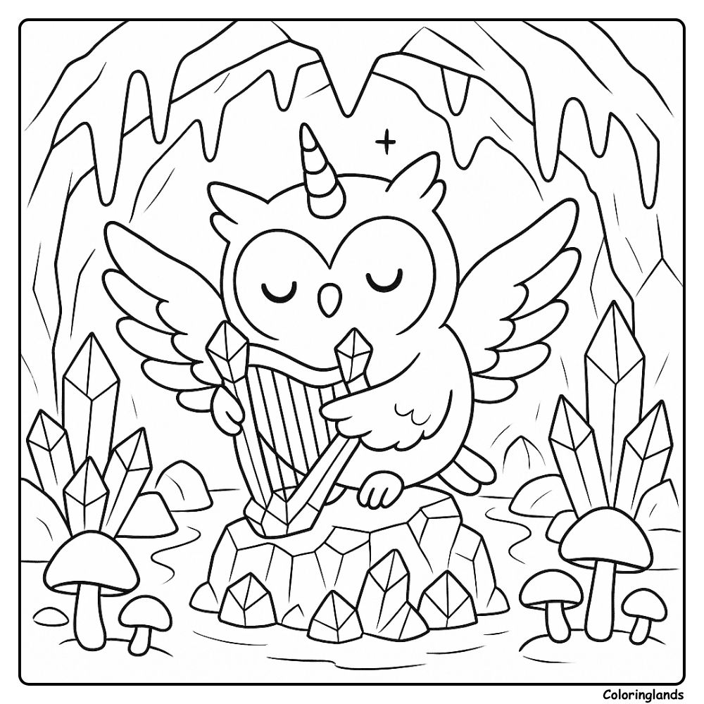 Owl unicorn plays a harp on a crystal rock inside cave