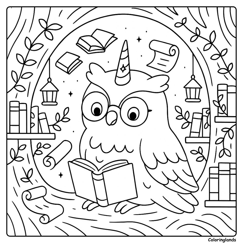 Reading owl with horn among leaves, scrolls, and shelves