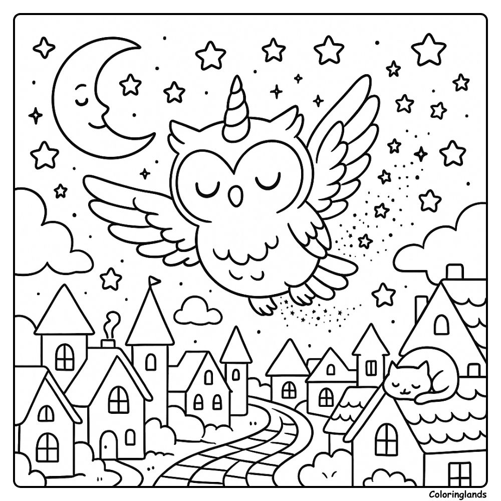 Owl with unicorn horn gliding above houses and moon