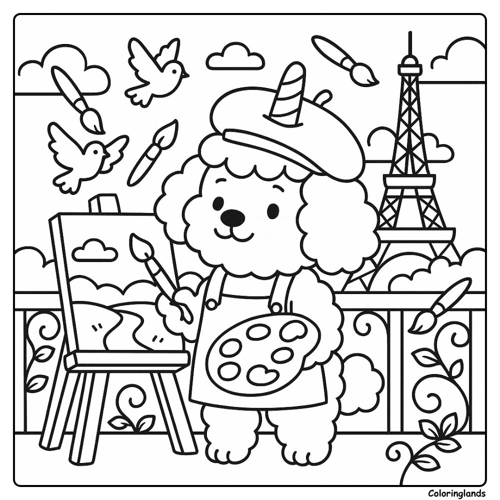 Poodle painter near Eiffel Tower coloring sheet