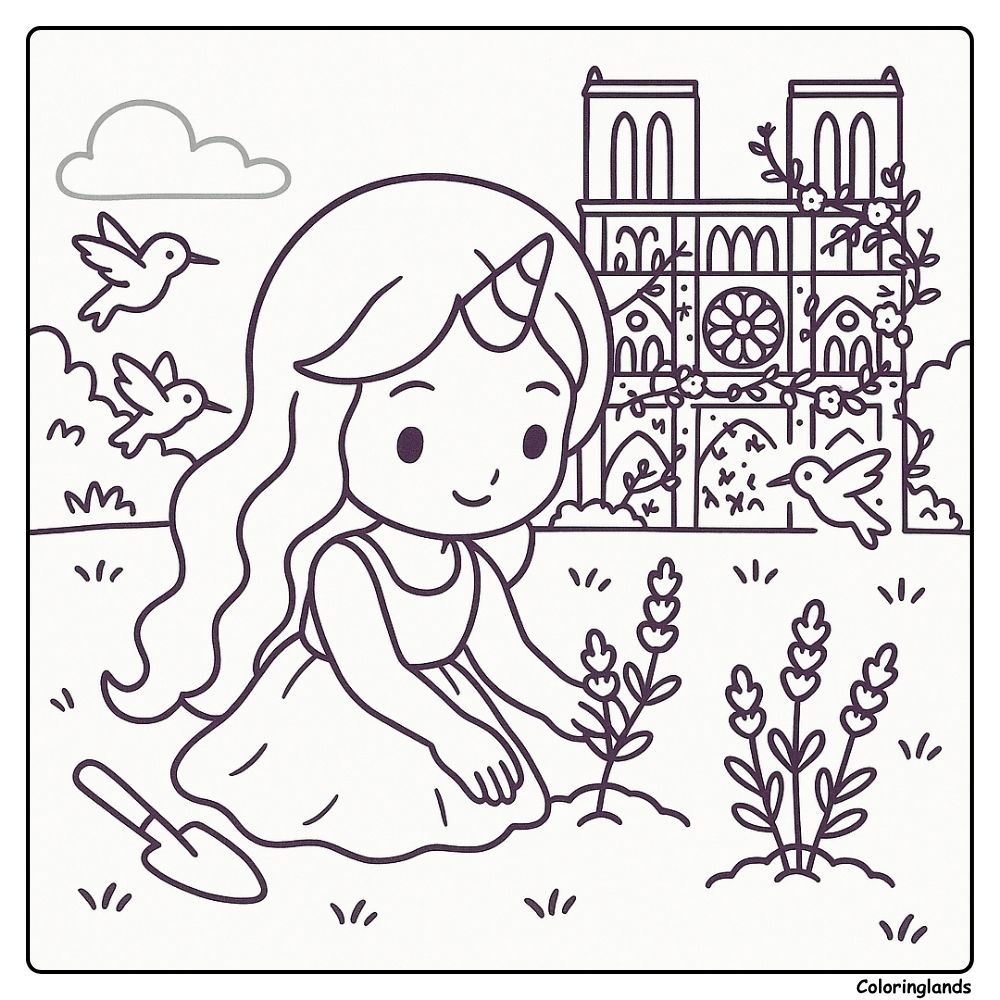 Unicorn girl planting flowers near a rose lined cathedral