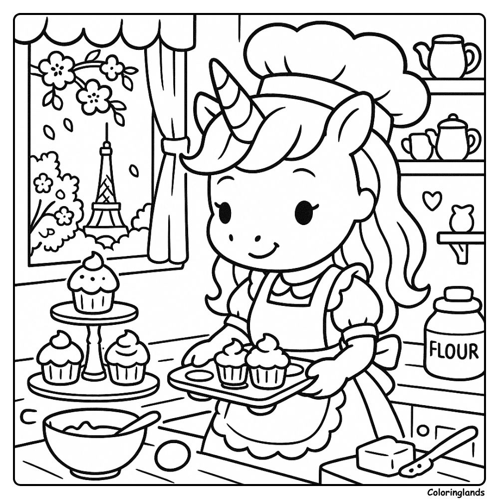 Unicorn girl bakes cupcakes with Eiffel Tower in view