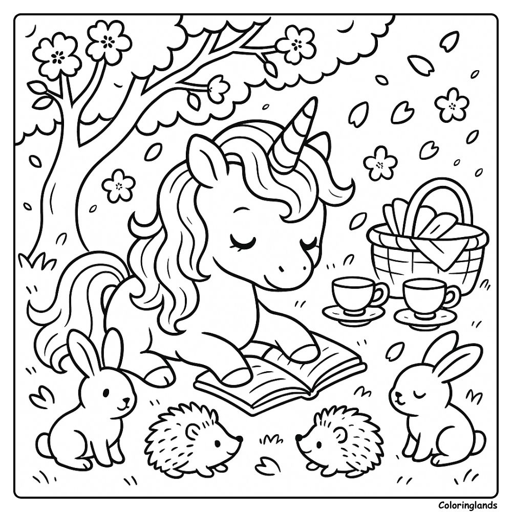 Outdoor coloring picture with picnic basket and forest pals