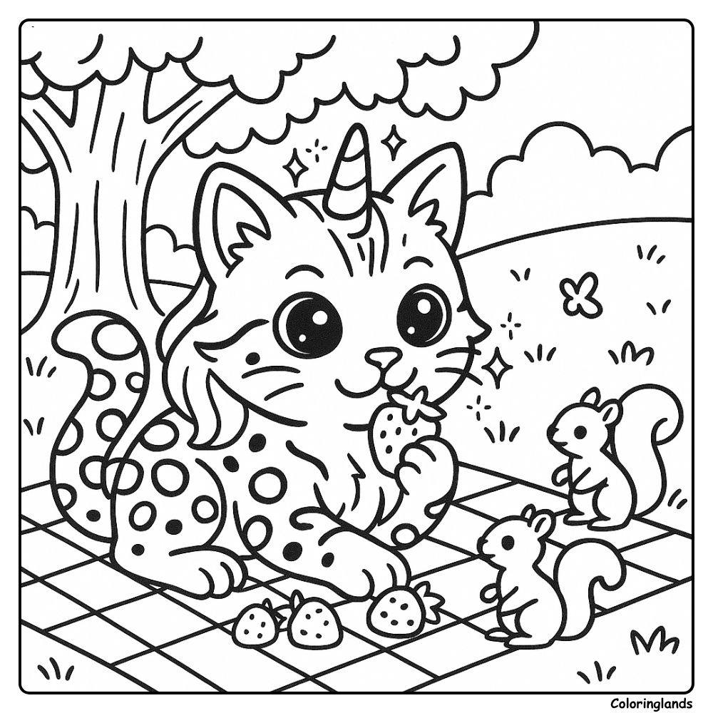 Printable image spotted caticorn eating fruit with squirrels