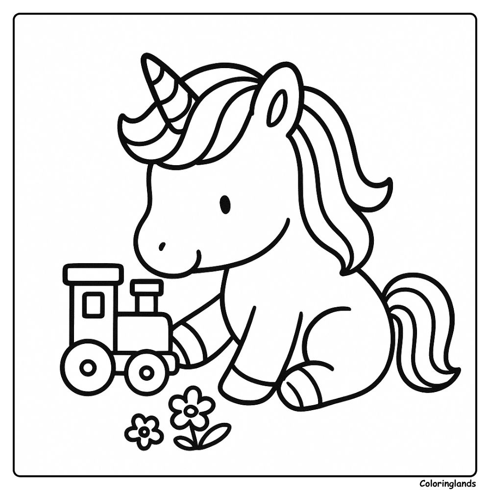 Adorable unicorn with toy train coloring sheet
