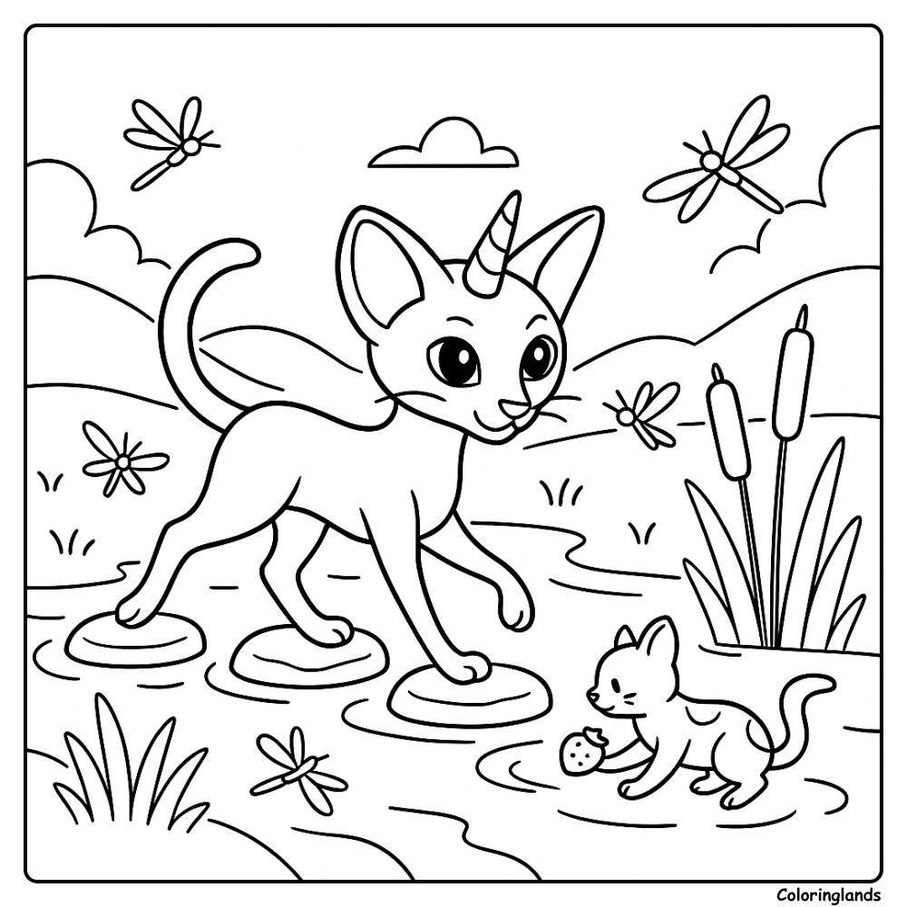 Printable line art caticorn crosses a creek with reeds and bugs