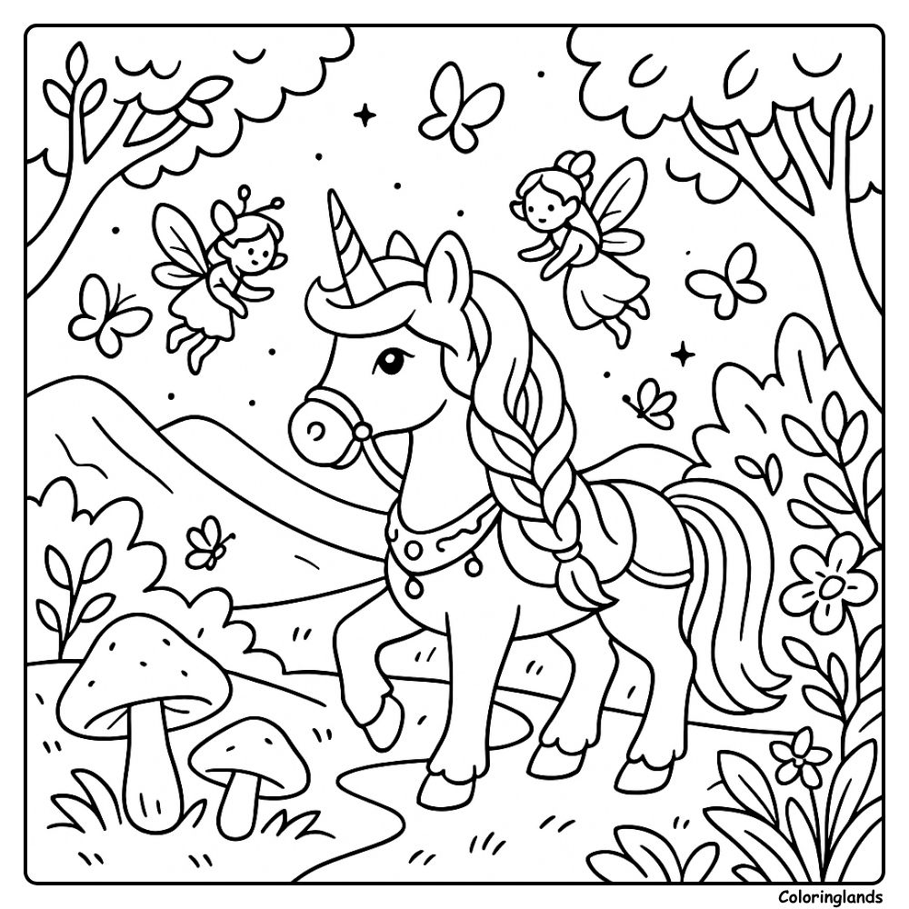 Butterflies and fairies swirl around a braided unicorn