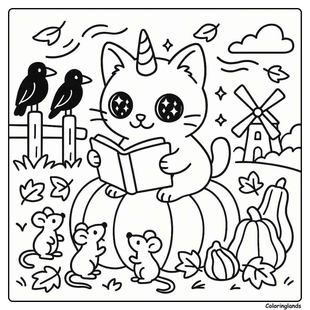 Caticorn reads on a pumpkin among leaves crows and a mill