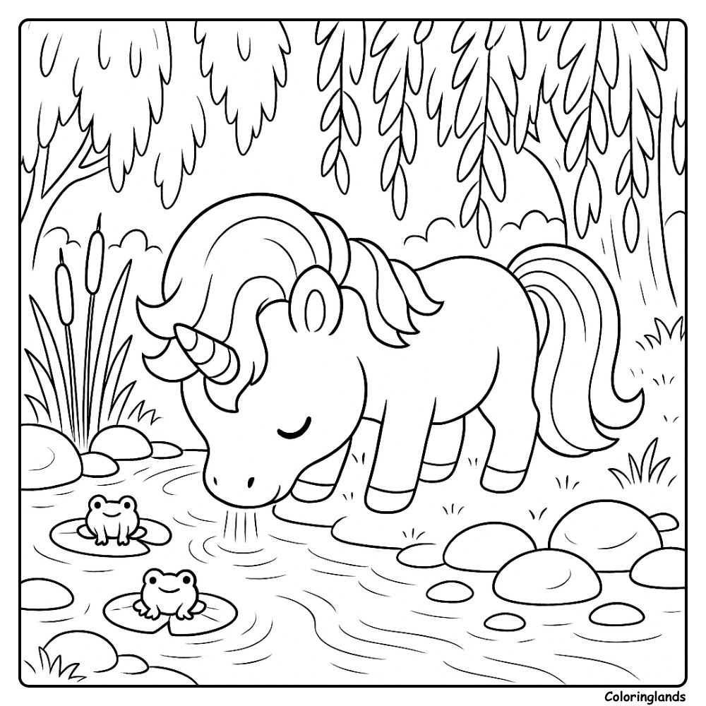 Gentle unicorn at a stream under willow with friendly frogs