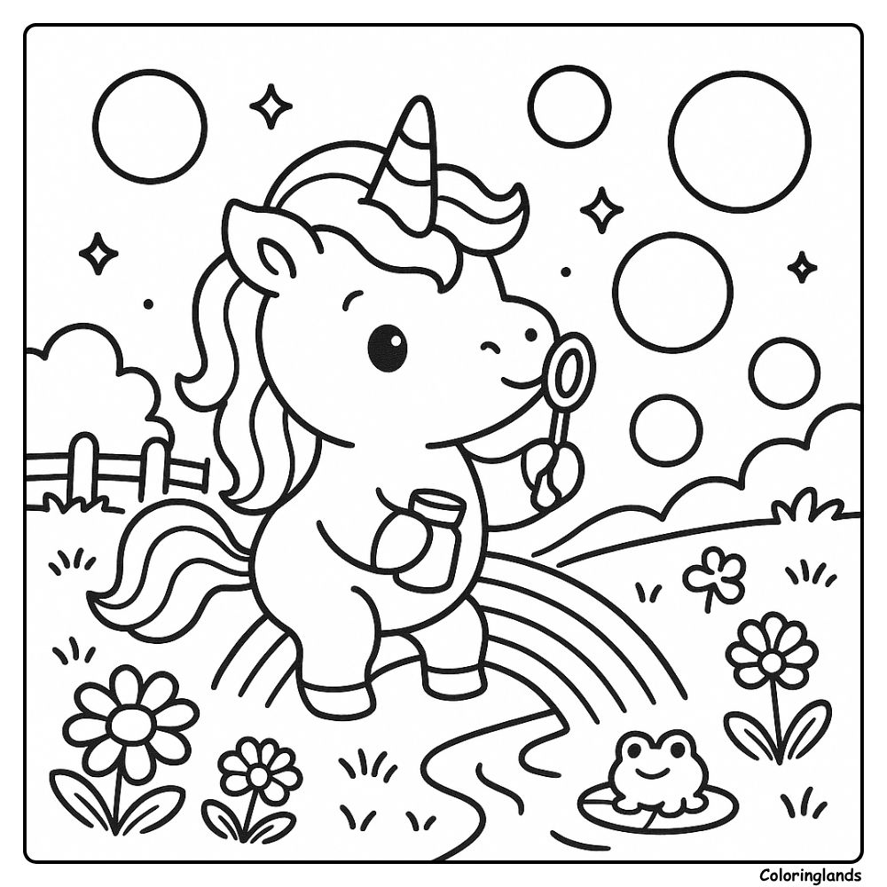 Unicorn blowing big bubbles near a rainbow river and frog
