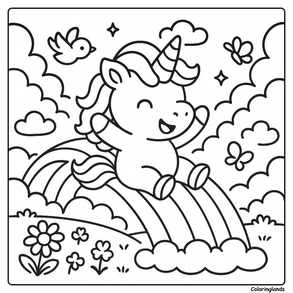 Smiling unicorn sliding down a rainbow with birds and butterflies