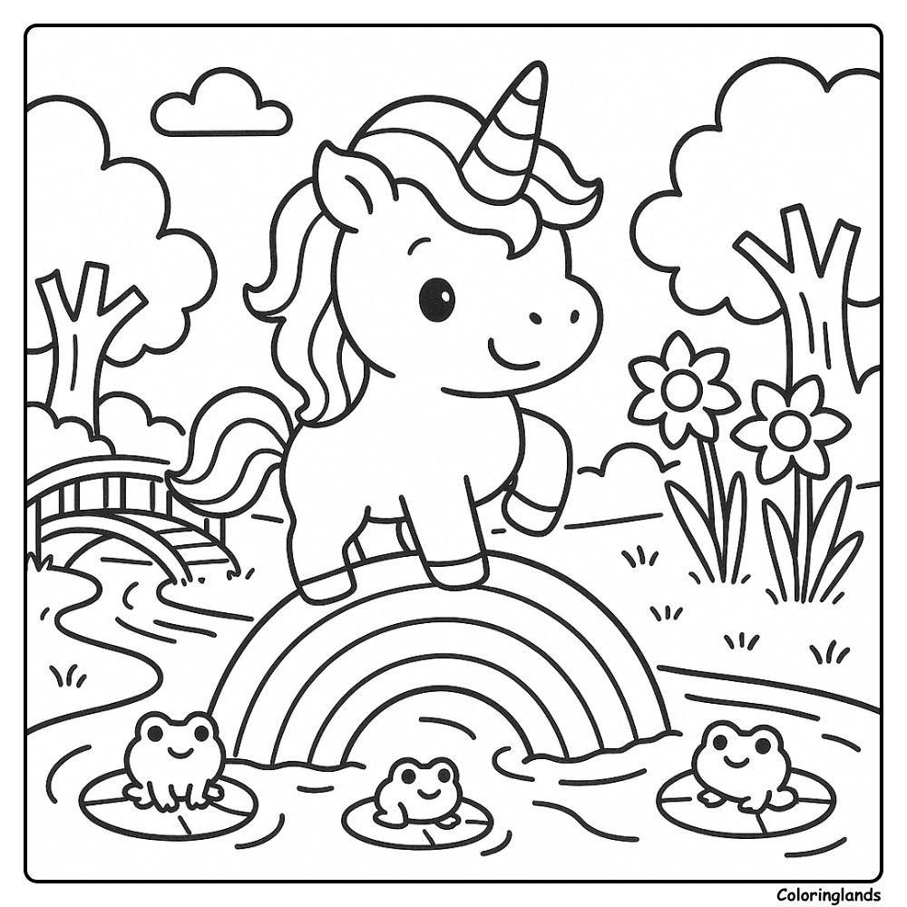 Unicorn on a rainbow bridge, frogs smiling on lily pads