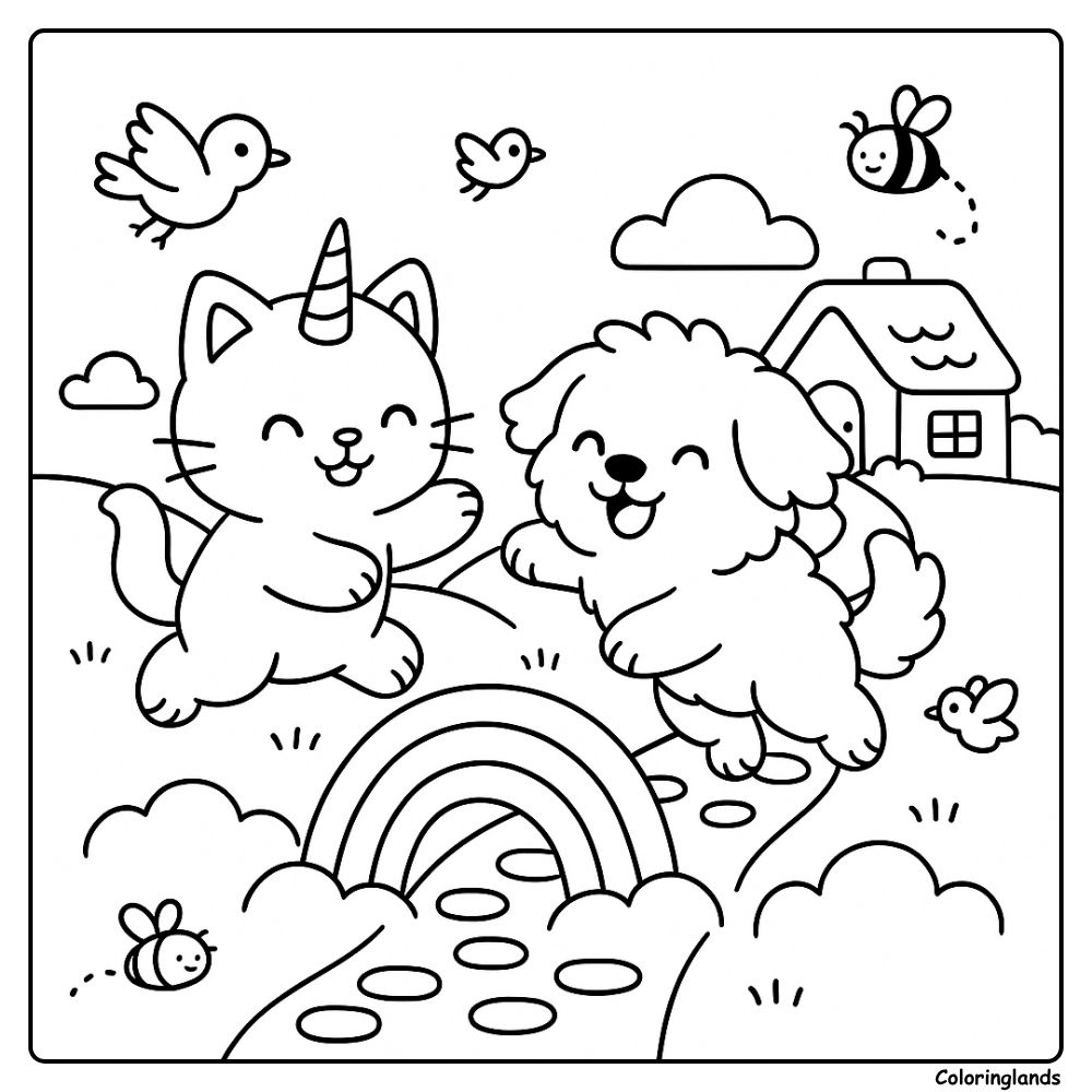 Unicorn cat and puppy at rainbow path printable coloring image