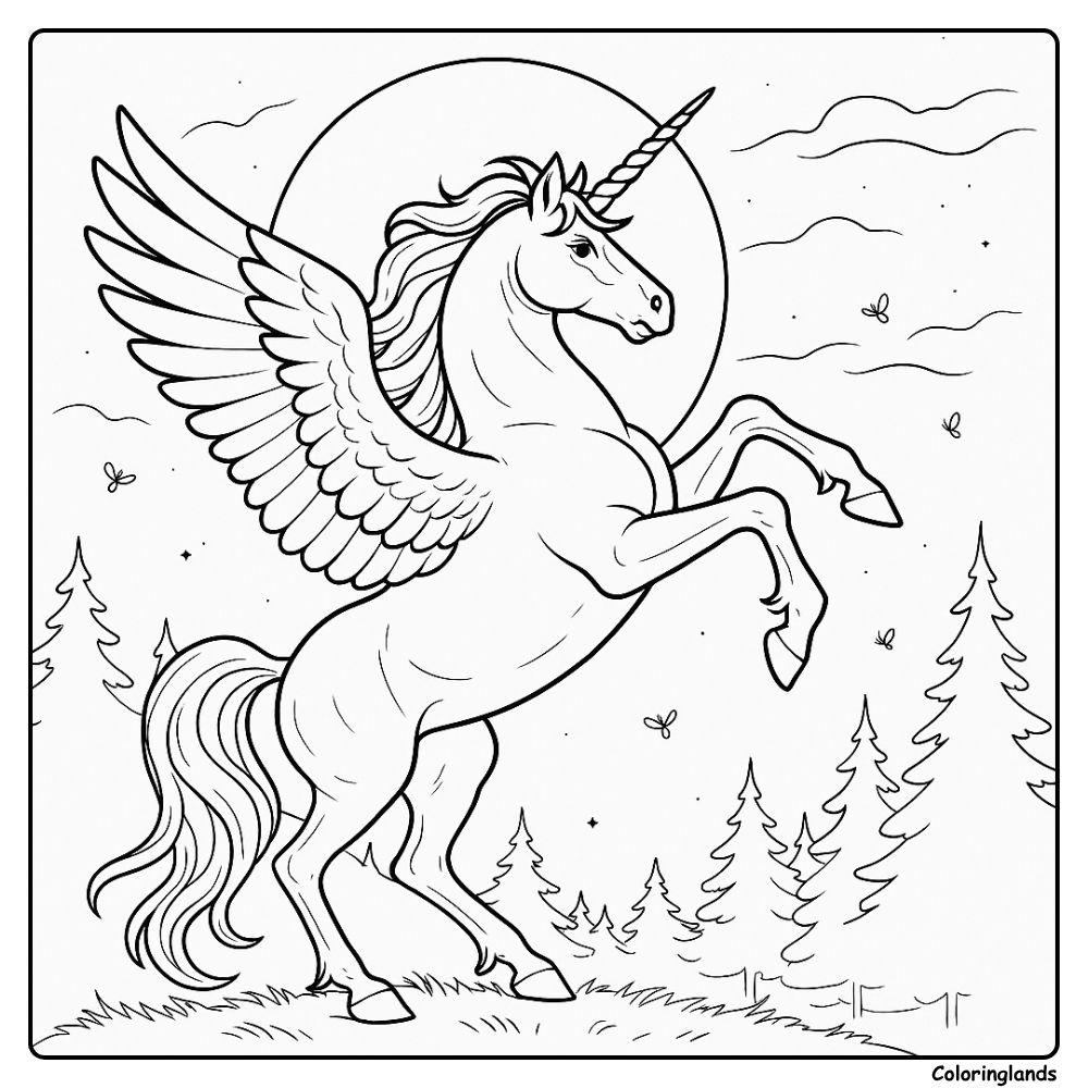 Winged unicorn rearing in a moonlit pine forest to color