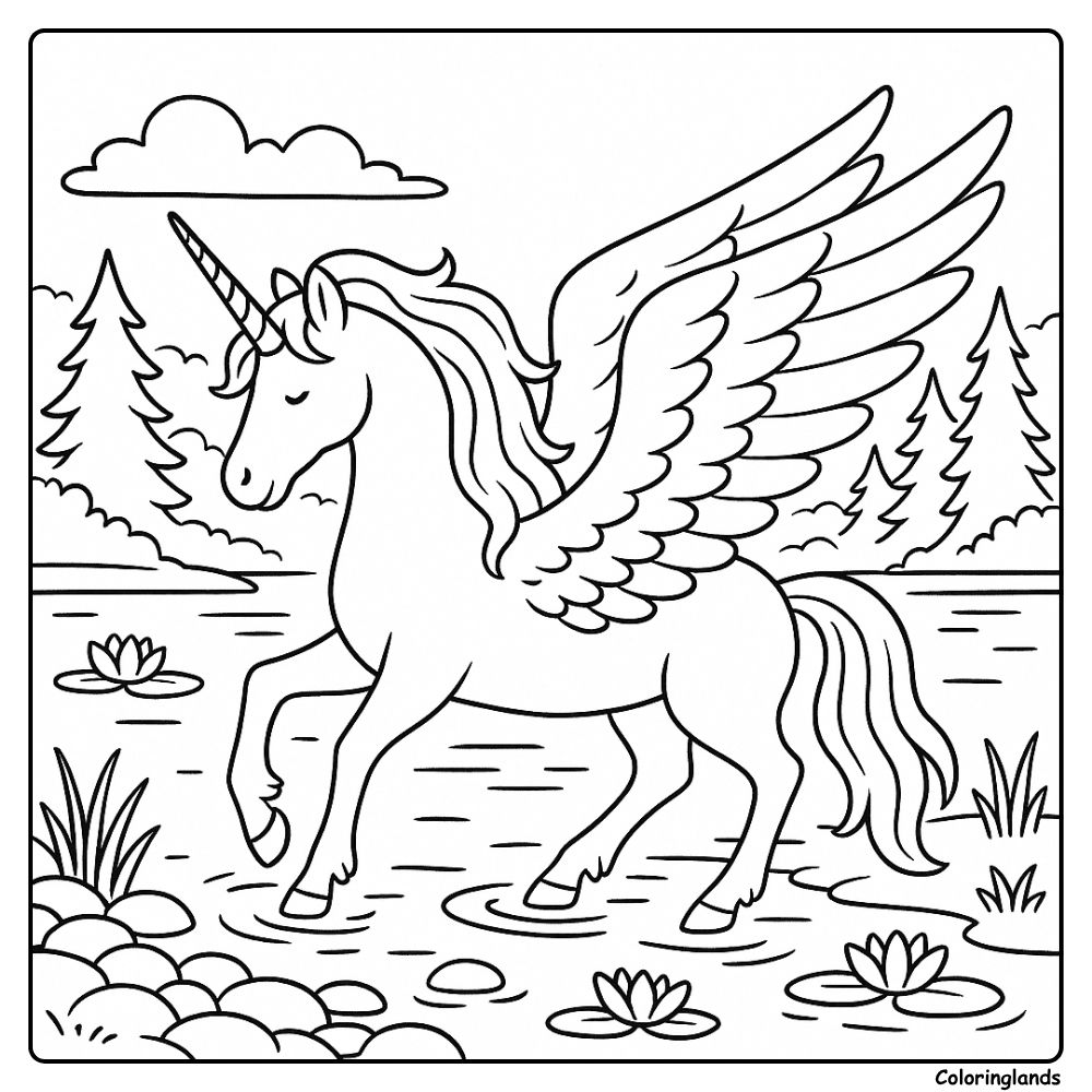 Winged unicorn steps through calm water and floating lilies