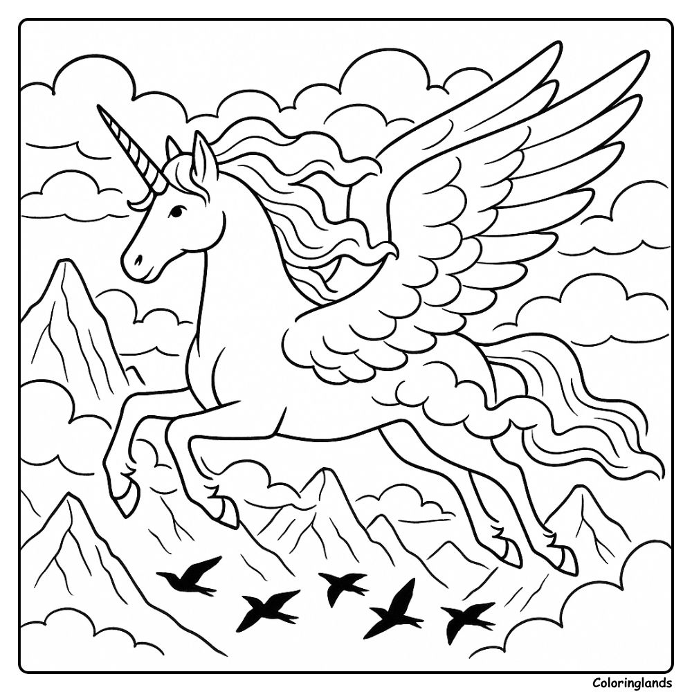 Winged unicorn gliding above mountains with distant birds