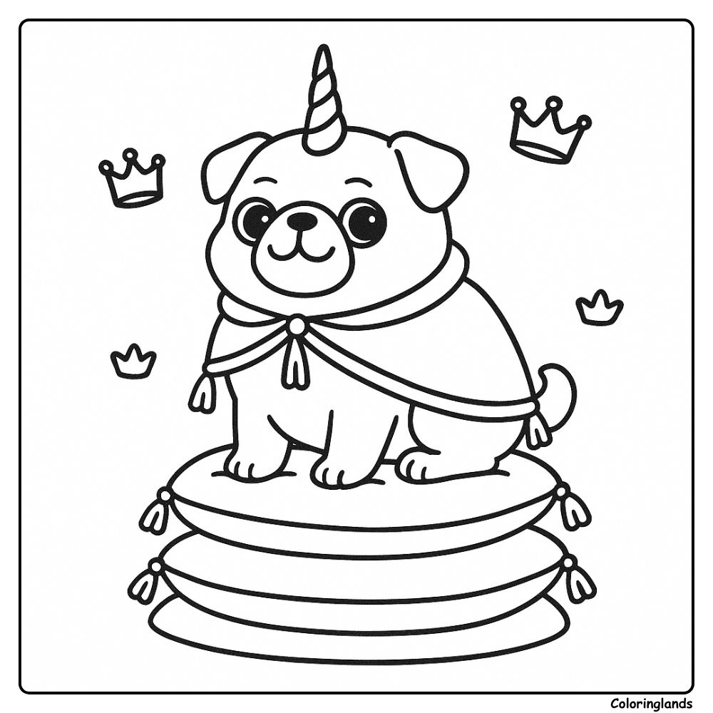 Crowned pugicorn in a cape on pillows, royal coloring image