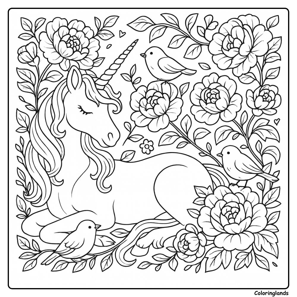 Unicorn resting among peony blooms with three songbirds
