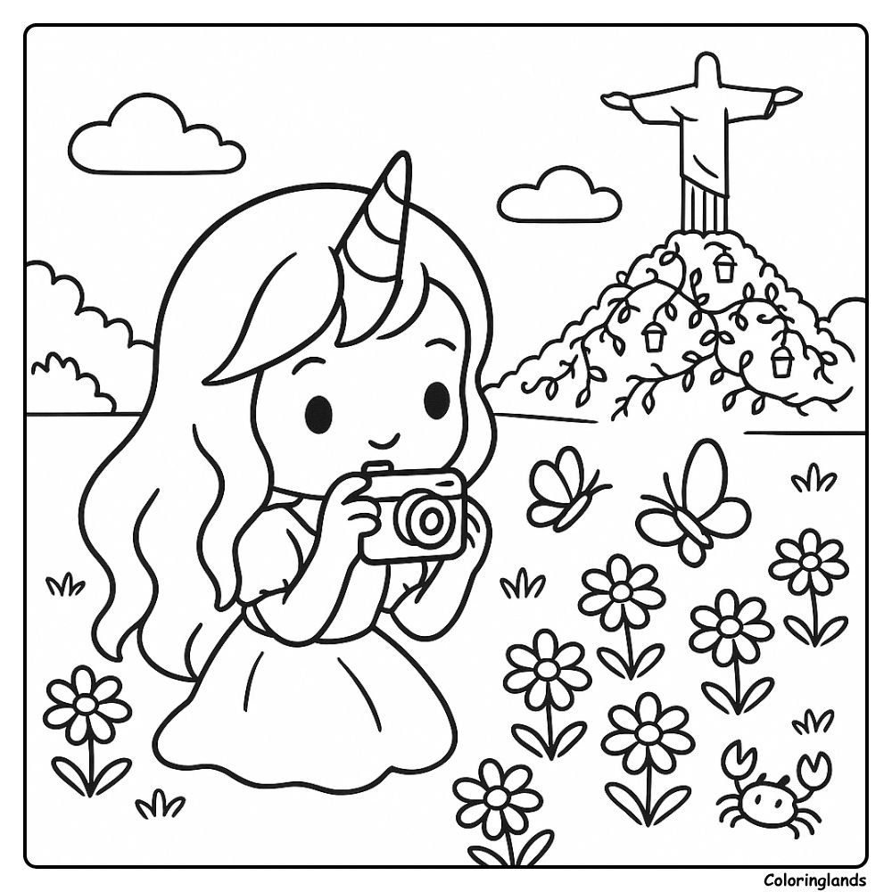 Unicorn traveler snaps flowers near Christ the Redeemer